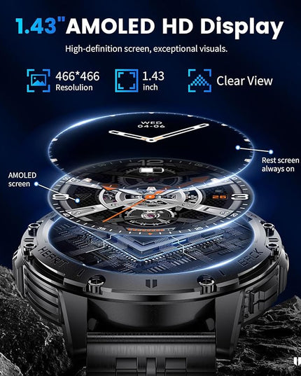 LIGE 1.43" AMOLED Smart Watch for Men with Flashlight, Bluetooth Calling, 100+ Sport Modes, 530mAh, IP68 Waterproof Fitness Tracker for Workout, iOS Android Compatible, Black Steel Leather