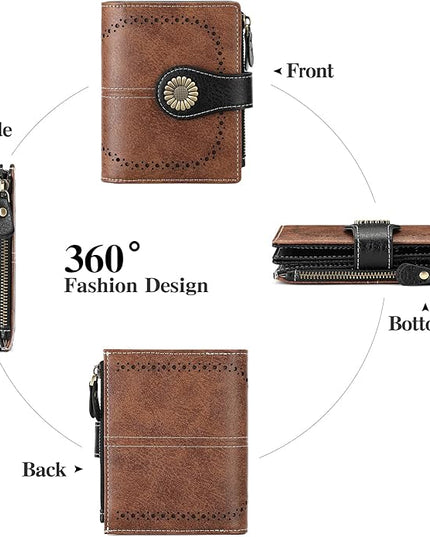 SENDEFN Small Womens Wallet Leather Bifold Card Holder RFID Blocking with Zipper Coin Pocket