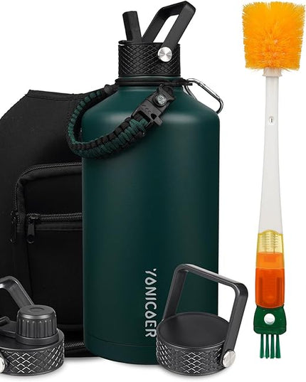 Insulated Water Bottle 128oz,Triple Wall Vacuum Stainless Steel(Dishwasher Safe),Leak Proof & Non-BPA,Flask Jug with Paracord Handle & Straw Spout Lids Sports Green