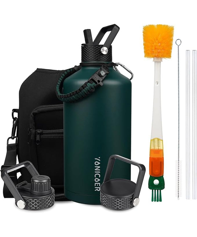 Insulated Water Bottle 128oz,Triple Wall Vacuum Stainless Steel(Dishwasher Safe),Leak Proof & Non-BPA,Flask Jug with Paracord Handle & Straw Spout Lids Sports Green
