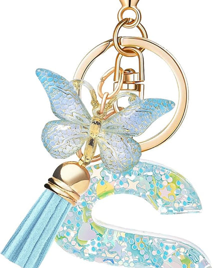 Fashion Alphabet Initial Letter Keychain Tassel Butterfly Pendant Key Ring for Purse Handbags Women Girl