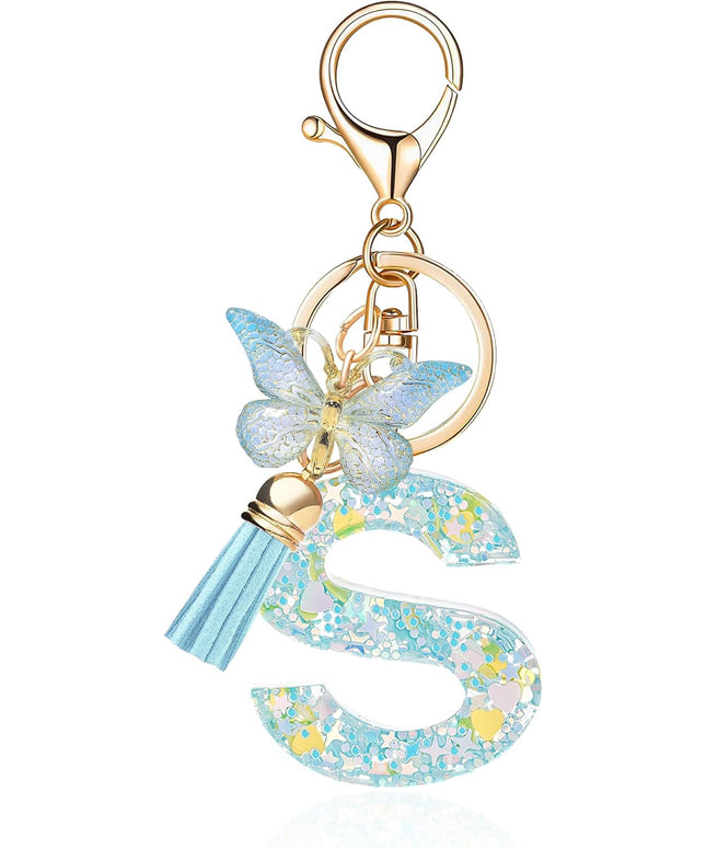 Fashion Alphabet Initial Letter Keychain Tassel Butterfly Pendant Key Ring for Purse Handbags Women Girl