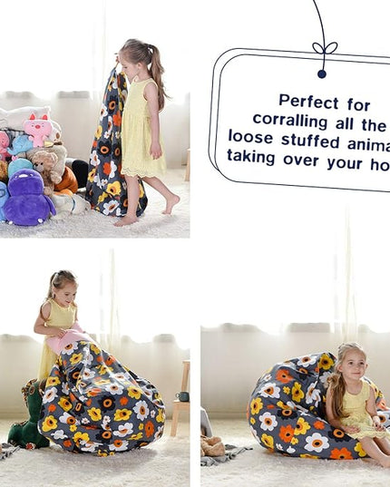 YuppieLife Kids Storage Bean Bag Cover（No Filling）Toy Organizer|Carrying Handle Sofa|Available for Kids and Teenager|Cuddle Chair|Machine Washable and Durable（27“,Grey Flora）