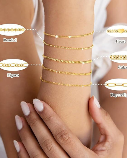 Gold Bracelets Set for Women Stack, Dainty Thick Bracelets Stack for Women Trendy, Simple Thin Gold Plated Cuff Stackable Bracelets With Beaded Cuban Paperclip Snake Rope Bangle Hand Chain Jewelry Gifts for Women Non Tainish