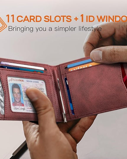 RUNBOX Slim Wallet for Men Genuine Leather RFID Blocking Bifold Minimalist Front Pocket Mens Wallet with Money Clip Thin Gift Box