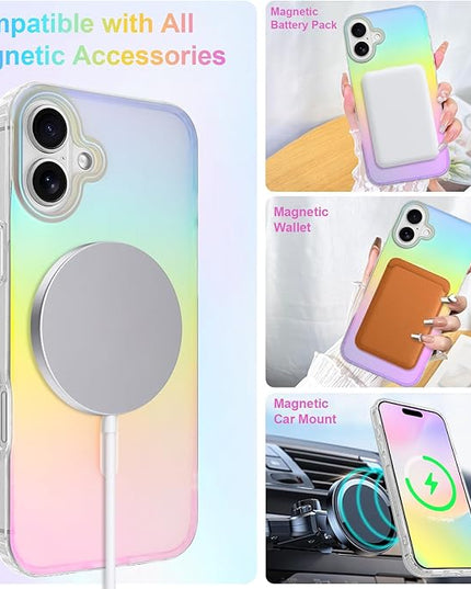 Cute Case for iPhone 17 Case for Women Girls [Compatible with Magsafe] Aesthetic Girly Glitter Bling Rainbow Magnetic Protective Phone Cover, Translucent Iridescent Blue & Pink