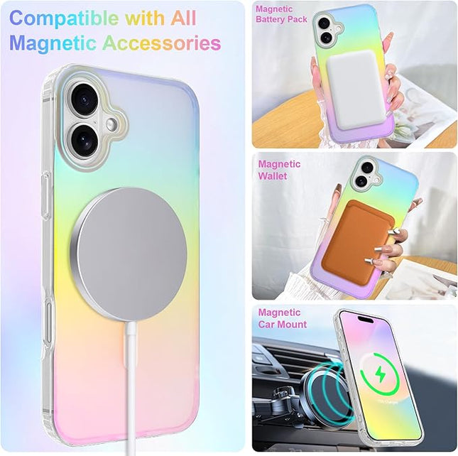 Cute Case for iPhone 17 Case for Women Girls [Compatible with Magsafe] Aesthetic Girly Glitter Bling Rainbow Magnetic Protective Phone Cover, Translucent Iridescent Blue & Pink