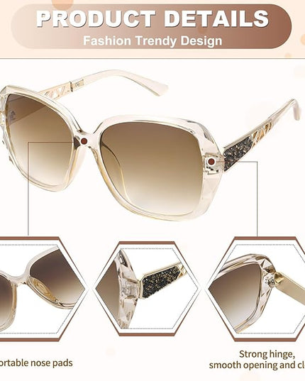 DragonflyDreams 4 Pcs Women Large Sunglasses, UV 400 Glasses Oversized Classic Trend Ladies Sunglasses Sparkling Large Frame