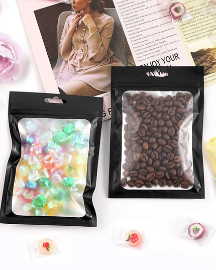 Funfery 300 Pack Smell Proof Resealable Bags for Food Storage,Mylar Clear Bags 3.1x5.1 Black Packaging Bag- Edibles,Odorless Scent Proof Bag for Cookies, Zip Foil Pouch for Small Business