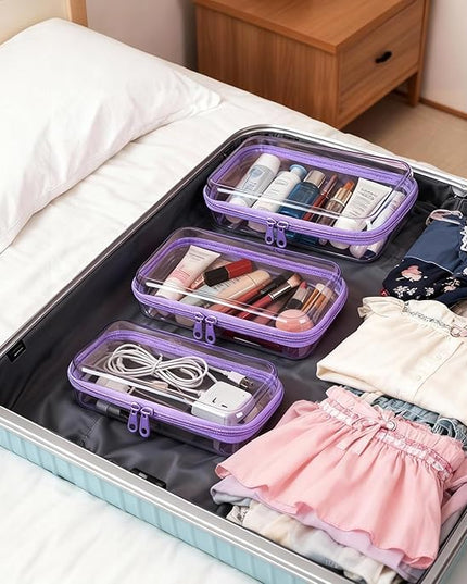 5 Pack Clear Hard Shell Zipper Pouches, TSA Friendly Transparent Design for Toiletries & Electronics, Crush-Resistant Storage for Carry-On Travel (Purple)