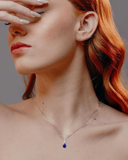 FANCIME 14K Solid White Gold Teardrop Pendant with Diamond Birthstone Necklace
