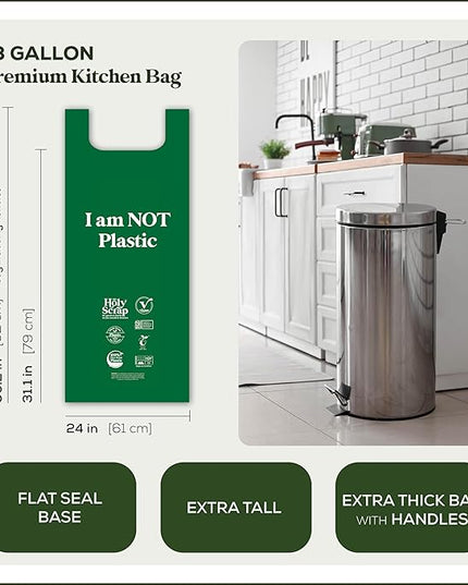Extra Large Compostable Trash Bags - 13 Gallon, 60 Pack | Plastic-Free & Decomposing Tall Kitchen Garbage Bags & Liners with Easy-Tie Handles | Thick Bin Bags for Green & Food Waste