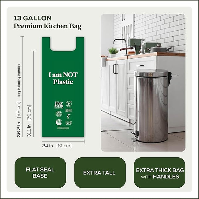 Extra Large Compostable Trash Bags - 13 Gallon, 60 Pack | Plastic-Free & Decomposing Tall Kitchen Garbage Bags & Liners with Easy-Tie Handles | Thick Bin Bags for Green & Food Waste