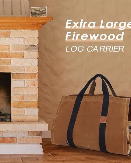 INNO STAGE Firewood Log Carrier Tote Bag with Super Strong Double Straps for Reinforce, 16oz Waxed Canvas Heavy Duty & Long Lasting for Wood Hay Hauling for Fireplace or Outdoor Camping-Rust Color