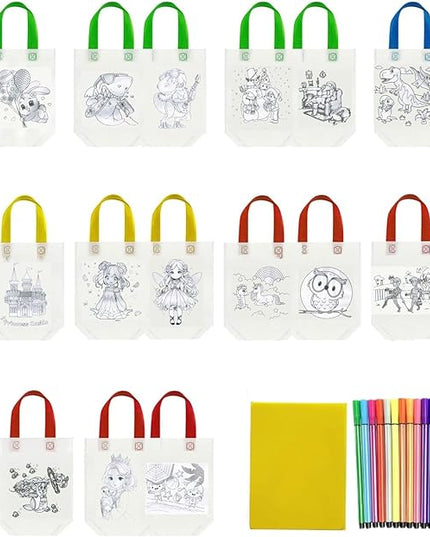 Manwetye 65 Pack Graffiti Goodie Bags for Kids Birthday Party Favors,Color Your Own Tote Bag,Eco Reusable Coloring Carnival Animal Art Party Goodie Bags(40Bags+24Color Pens+1pad)
