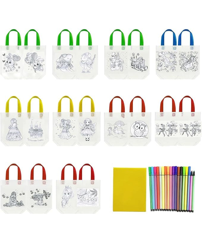 Manwetye 65 Pack Graffiti Goodie Bags for Kids Birthday Party Favors,Color Your Own Tote Bag,Eco Reusable Coloring Carnival Animal Art Party Goodie Bags(40Bags+24Color Pens+1pad)