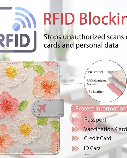 Passport Holder, Travel Wallet Cover with Pen Loop | Cute RFID Blocking Leather Case with Magnetic Closure for Travel Essentials-Flower