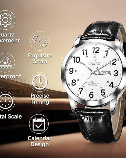 Men's Watches Leather Band Stainless Steel Quartz Analog Watch Luxury Waterproof Watches for Men Dress Men's Wrist Watch with Day Date Arabic Numeral Relojes para Hombre