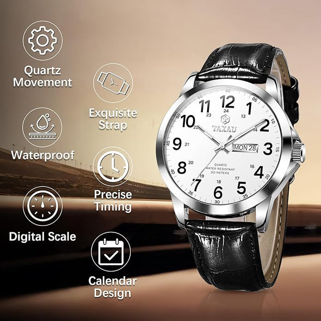 Men's Watches Leather Band Stainless Steel Quartz Analog Watch Luxury Waterproof Watches for Men Dress Men's Wrist Watch with Day Date Arabic Numeral Relojes para Hombre