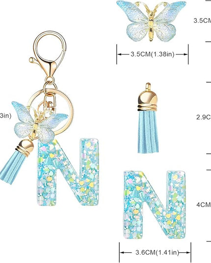 Fashion Alphabet Initial Letter Keychain Tassel Butterfly Pendant Key Ring for Purse Handbags Women Girl
