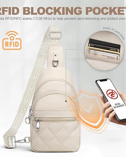Sling Bag for Women, Anti-Theft RFID Crossbody Bag Nylon Sling Purse for Travel, Puffy Small backpack for Daily Hiking Sports White