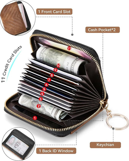 BOSTANTEN Credit Card Holder Wallet RFID Blocking Leather Small Wallet for Women Zipper Keychain Wallet with Wristlet Brown＆Black