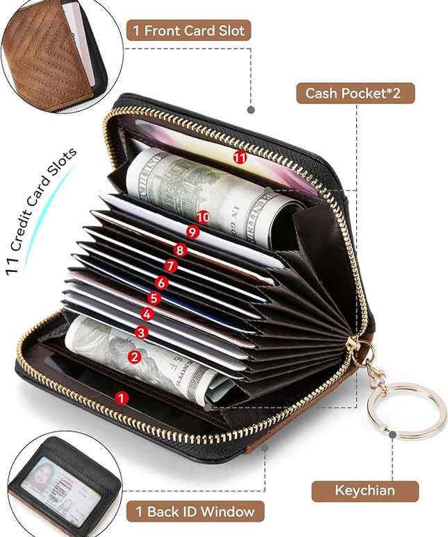 BOSTANTEN Credit Card Holder Wallet RFID Blocking Leather Small Wallet for Women Zipper Keychain Wallet with Wristlet Brown＆Black