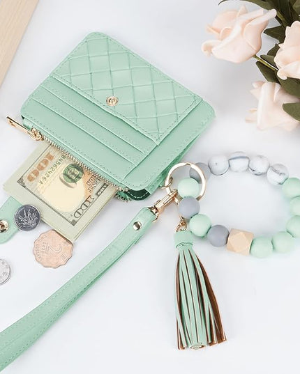 Keychain Wallet with Bracelet RFID Blocking Wristlet Credit Purse Card Holder, Silicone Bead Tassel Key Ring for Women