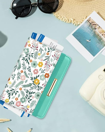Passport Holder Cover Travel RFID Blocking Passport Cover Rose Gold Cute Flowers Passport Wallet with Elastic Band for Women
