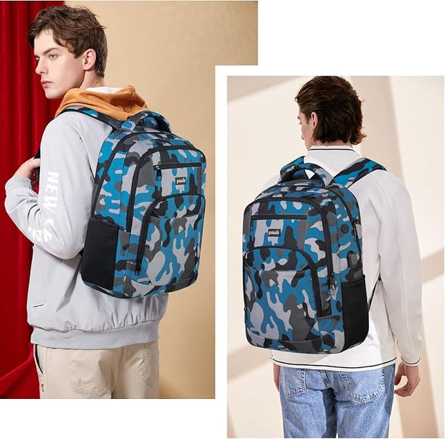 17 inch Backpack for Men,College Backpack School Bookbag for Teens,Travel Laptop Bookbag with USB Port and Headphone Hole,Camouflage Blue