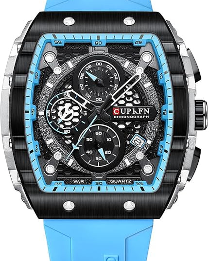 PASOY Luxury Chronograph Watches for Mens Rubber Strap Black Waterproof Date Analog Quartz Watch