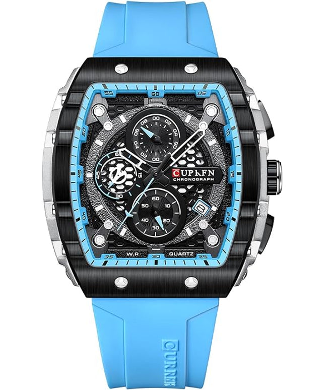 PASOY Luxury Chronograph Watches for Mens Rubber Strap Black Waterproof Date Analog Quartz Watch