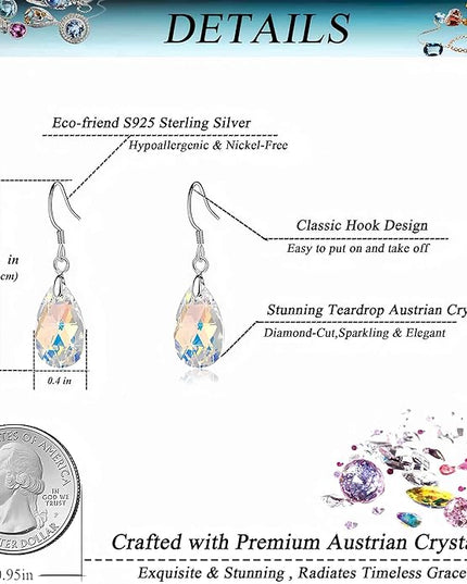Teardrop Austrian Crystal Drop Dangle Earrings for Women 925 Sterling Silver Hook Hypoallergenic Jewelry