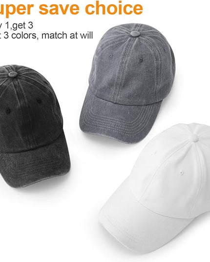 MEINICY 3 Packs Washed-Cotton Plain Baseball Cap, Vintage Adjustable Dad Hats Gift for Men/Women,Unstructured