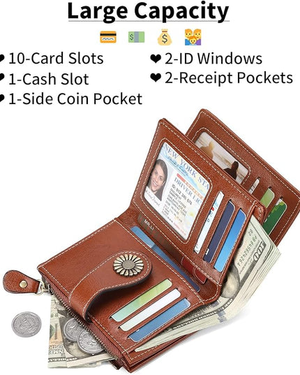 SENDEFN Small Womens Wallet Leather Bifold Card Holder RFID Blocking with Zipper Coin Pocket