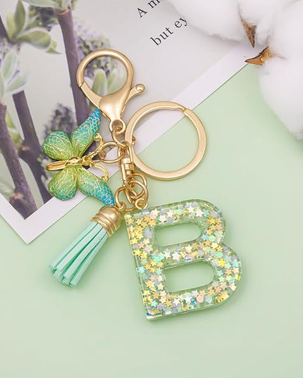 Fashion Alphabet Initial Letter Keychain Tassel Butterfly Pendant Key Ring for Purse Handbags Women Girl