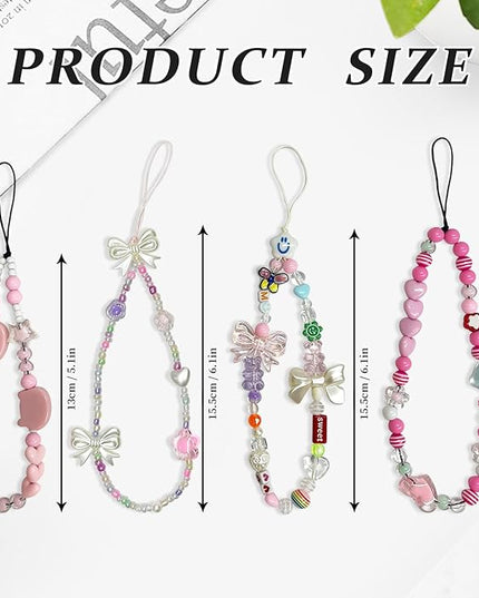 4 Pcs Phone Charms Cute Beaded Phone Pink Lanyard Wrist Strap Aesthetic Y2K Cellphone Wrist Strap Bow Butterfly Heart Star Flower for Camera Keychain Wallet Pendant Decor