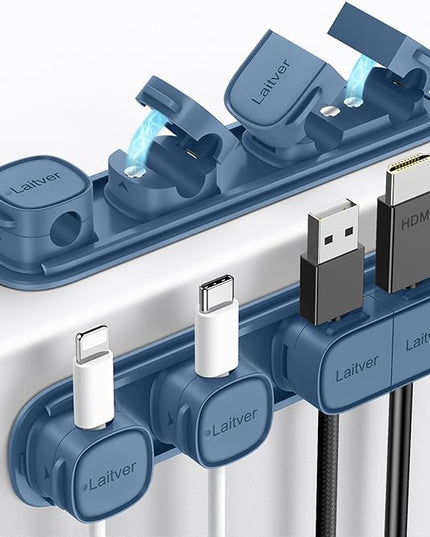 6 Pack Magnetic Cable Clips [1s Open/Lock], Laitver Cord Organizer Holder Strong Adhesive Desk Cable Management- Organize Charging Cords Neatly for Home, Office, Car,Desk, Nightstand-Porcelain Blue