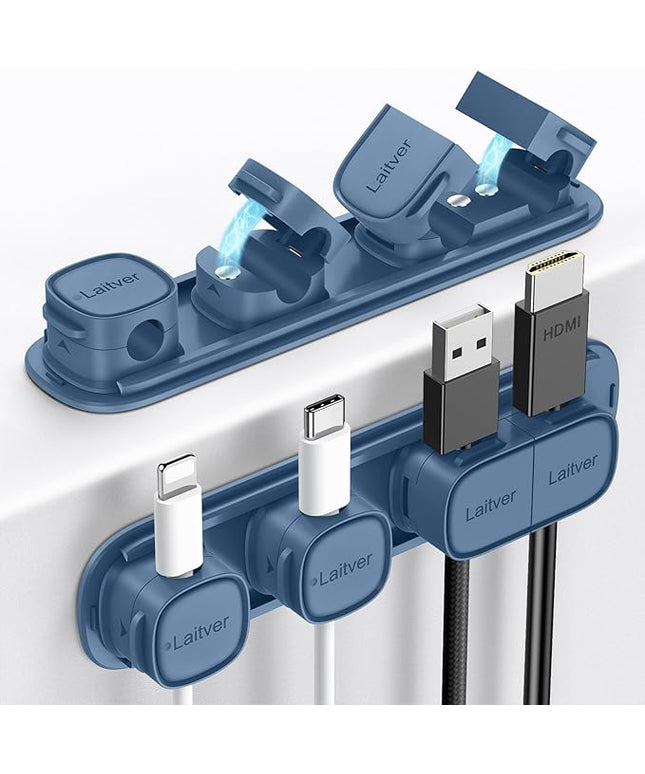 6 Pack Magnetic Cable Clips [1s Open/Lock], Laitver Cord Organizer Holder Strong Adhesive Desk Cable Management- Organize Charging Cords Neatly for Home, Office, Car,Desk, Nightstand-Porcelain Blue