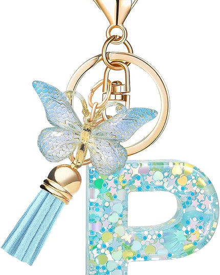Fashion Alphabet Initial Letter Keychain Tassel Butterfly Pendant Key Ring for Purse Handbags Women Girl
