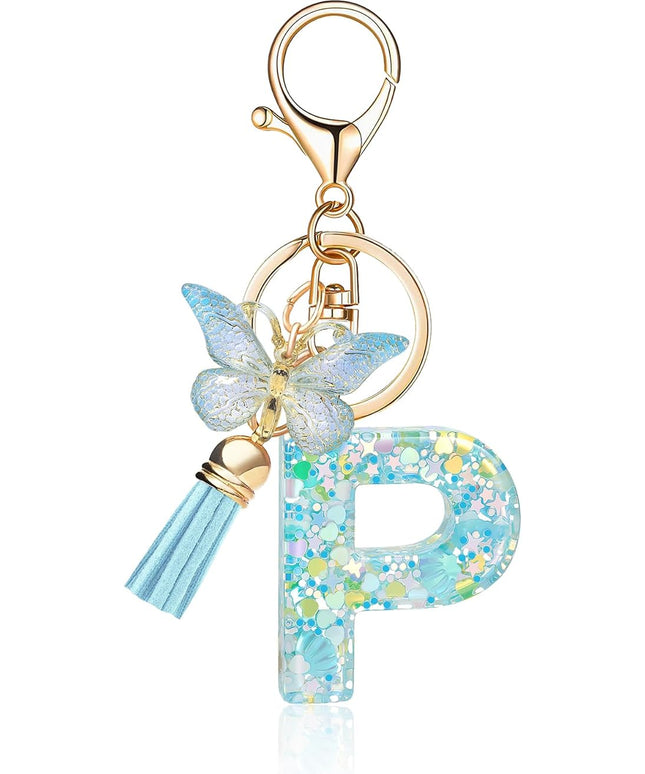 Fashion Alphabet Initial Letter Keychain Tassel Butterfly Pendant Key Ring for Purse Handbags Women Girl
