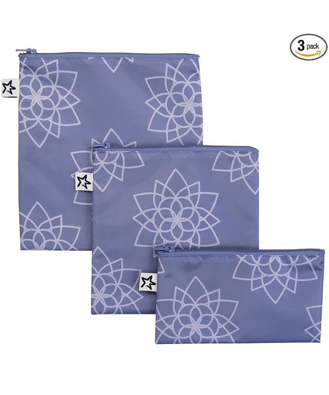 Tiny Twinkle Reusable Snack Bags for Kids – 3 Pack Snack Pouches & Sandwich Bag for Toddlers – Machine Washable, Mess-Proof for Lunch & Travel (Lotus)