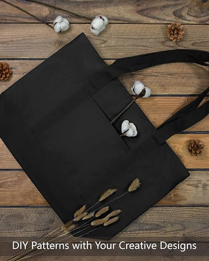TOPDesign 30-Pack Canvas Tote Bags with an External Pocket, Reusable Grocery Shopping Bags, Top Zipper Closure, Daily Essentials (Black)