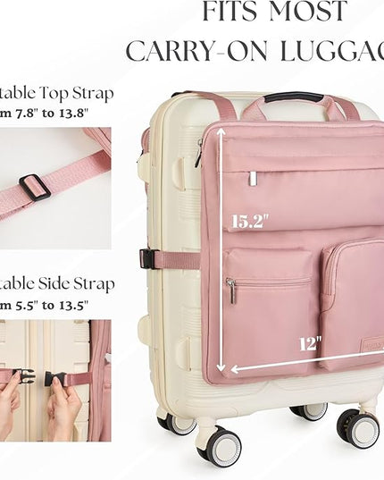 BAREFOOT CARIBOU Over Luggage Organizer for Carry On Bag or Suitcase with Storage Pockets, 16” Laptop Sleeve with Handle, Travel Accessories Bag Slide On Luggage Harness with Adjustable Straps (Pink)