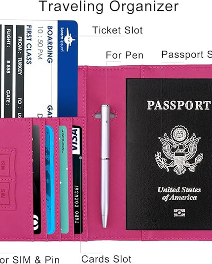 WALNEW Passport Holder for Travel, RFID Passport Cover Wallet for Women Men, PU Leather Passport Book Card Holder Case with Pen, Travelling Essentials for Flying