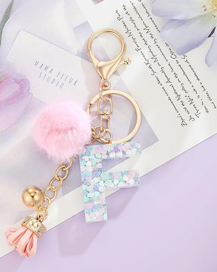 Resin Alphabet Initial Letter Keychain Keyring for Women Purse Handbags With Fur Ball Pom