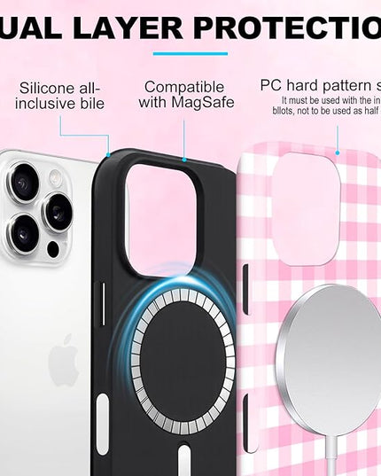 Magnetic for iPhone 13 Pro Max Case Cute Checkered Stripes Phone Case for Women Girls, Shockproof Slim TPU and Hard PC Protective Phone Cover Compatible with MagSafe Designed, Pink