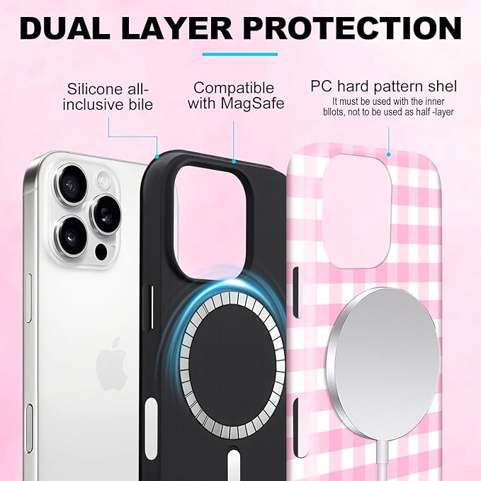 Magnetic for iPhone 13 Pro Max Case Cute Checkered Stripes Phone Case for Women Girls, Shockproof Slim TPU and Hard PC Protective Phone Cover Compatible with MagSafe Designed, Pink
