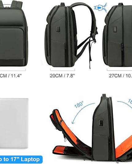 FENRUIEN 17 Inch Travel Backpack Green, Expandable Water Resistant Computer Backpack with USB Port, Laptop Bag for Business/College/Work