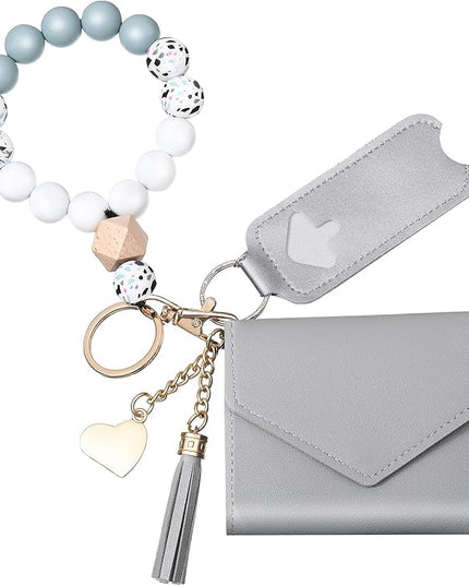 Weewooday Wristlet Bracelet Keychain Wallet Gift for Women Christmas Small Silicone Beaded Keyring Purse Leather Card Holder(Gray)